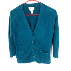 Talbots Petites Sweater Teal Womens Medium Cardigan Pima Cotton Button Up